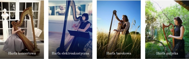 Emilia Raiter. Moje cztery wyjątkowe harfy: koncertowa, elektroakustyczna, hiszpańska barokowa z dwoma rzędami strun i gotycka. Źródło: harfaoprawamuzyczna.pl 