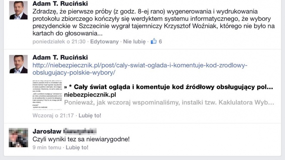 Wybory prezydenckie w Szczecinie wygrał Krzysztof Woźniak - taką informację podał system informatyczny, którym posługiwała się szczecińska PKW. Fot. facebook.com
