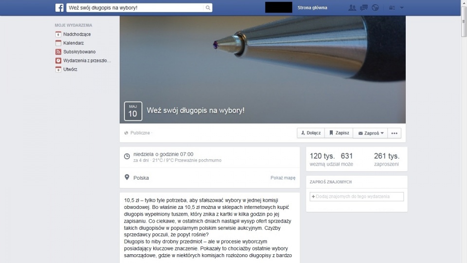 Wydarzenie "Weź swój długopis na wybory!" na Facebooku. Fot. www.facebook.com