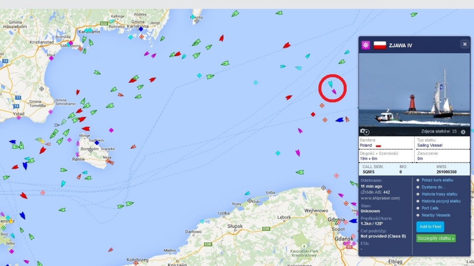 Do awarii doszło około 60 mil morskich na północ od portu we Władysławowie. Mat. www.marinetraffic.com