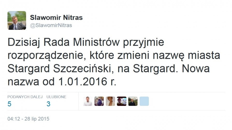 O zmianie nazwy poinformował na Twitterze doradca premier Ewy Kopacz - Sławomir Nitras. Fot. www.twitter.com/SlawomirNitras