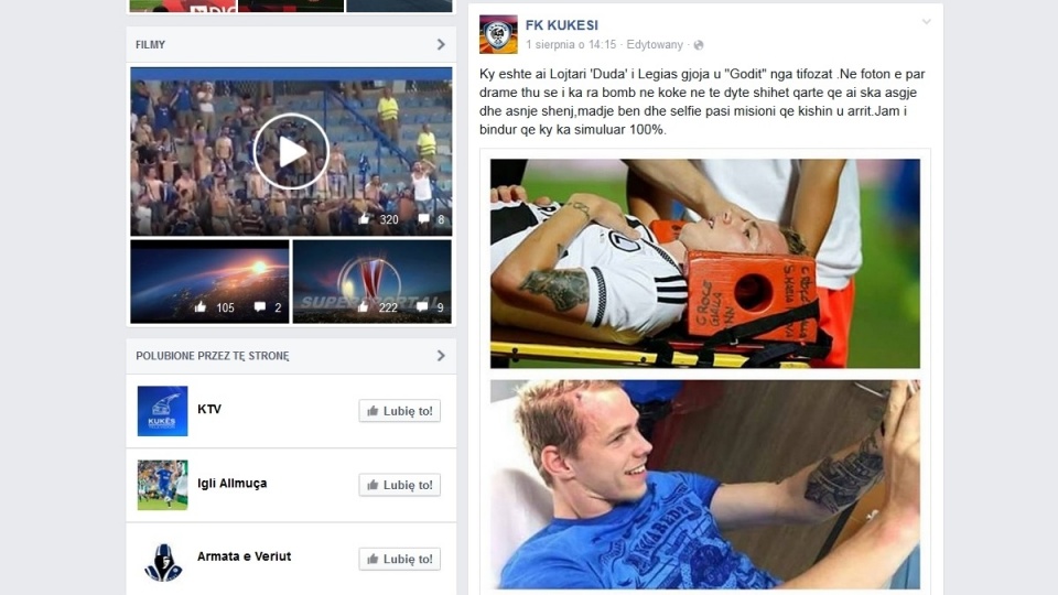 Dowód albańskiego klubu na to, że Ondrej Duda symulował. Fot. facebook.com/pages/FK-KUKESI