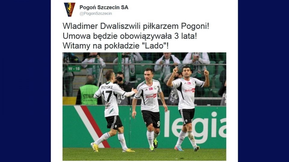 Pogoń Szczecin poinformowała, że nowym zawodnikiem klubu został Wladimer Dwaliszwili. Fot. www.twitter.com/PogonSzczecin