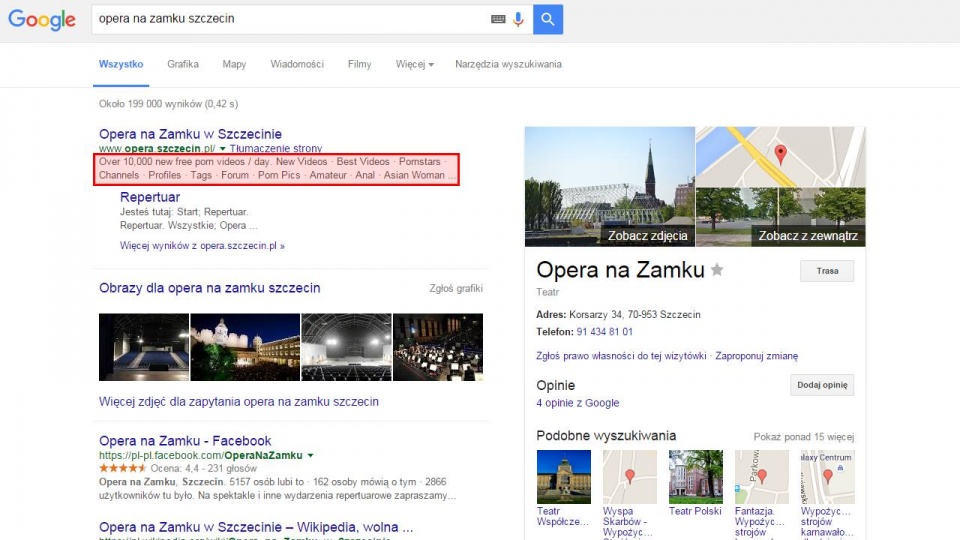 Hakerzy zaatakowali stronę internetową Opery na Zamku w Szczecinie. W jej opisie w wyszukiwarce Google widniały pornograficzne hasła. Źródło: Google