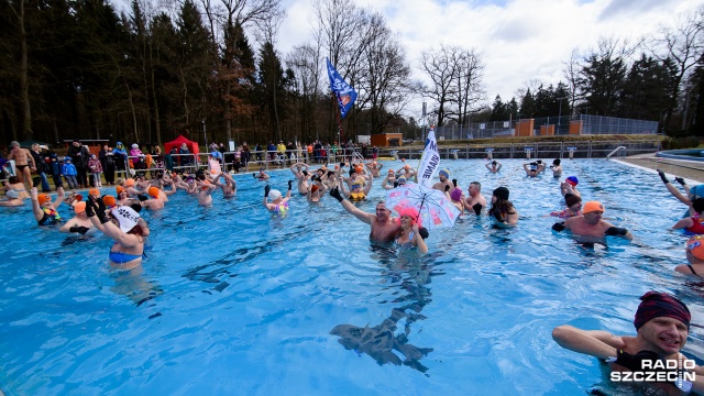 Około stu osób wskoczyło w niedzielę do basenu na kąpielisku Arkonka w Szczecinie. Fot. Konrad Nowak [Radio Szczecin] Morsy w swoim żywiole wyznają sobie miłość [WIDEO, ZDJĘCIA]