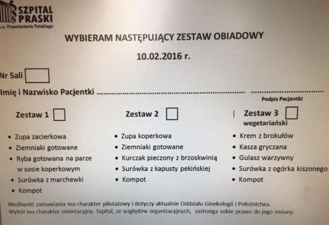 Kulinarna rewolucja w warszawskim szpitalu. Pacjentki mają menu do wyboru