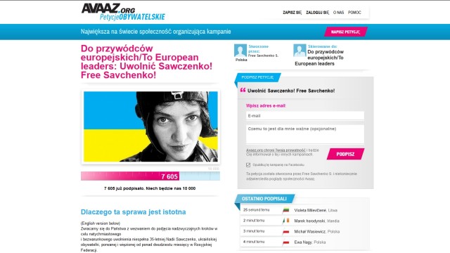 Międzynarodowa petycja w obronie Nadi Sawczenko