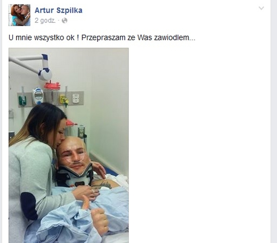 Polak już zamieścił na Facebooku swoje zdjęcie ze szpitala. Fot. www.facebook.com/Artur-Szpilka