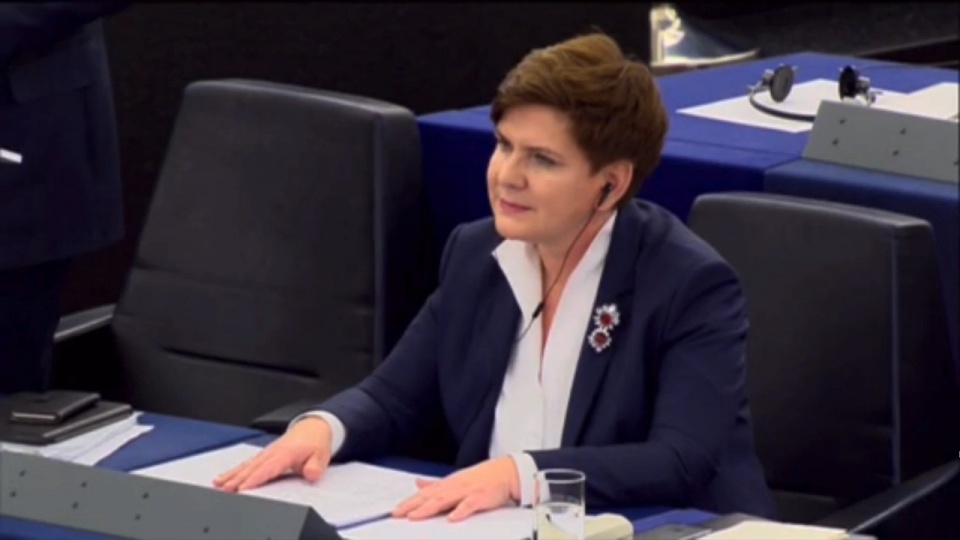 Premier Beata Szydło podczas debaty o sytuacji w Polsce w Parlamencie Europejskim. Źródło: ETV