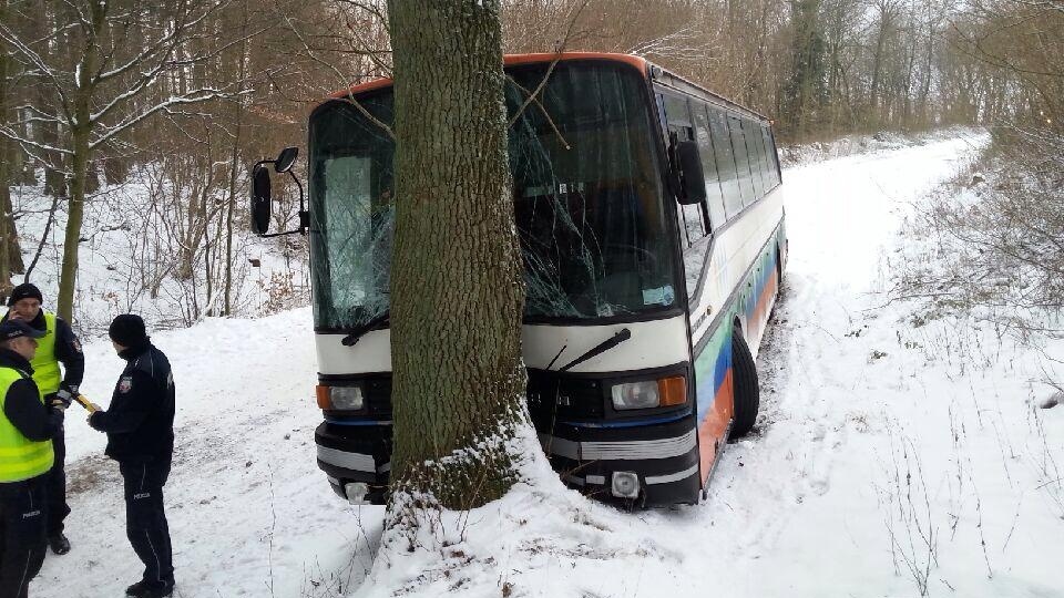 Wypadek autobusu szkolnego na drodze Lejkowo - Witosław w gminie Malechowo. Fot. Straż pożarna