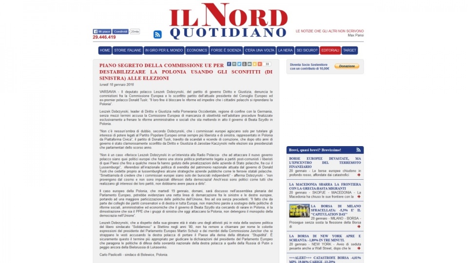 Tekst na portalu prawicowej gazety "Il Nord". Fot. www.ilnord.it