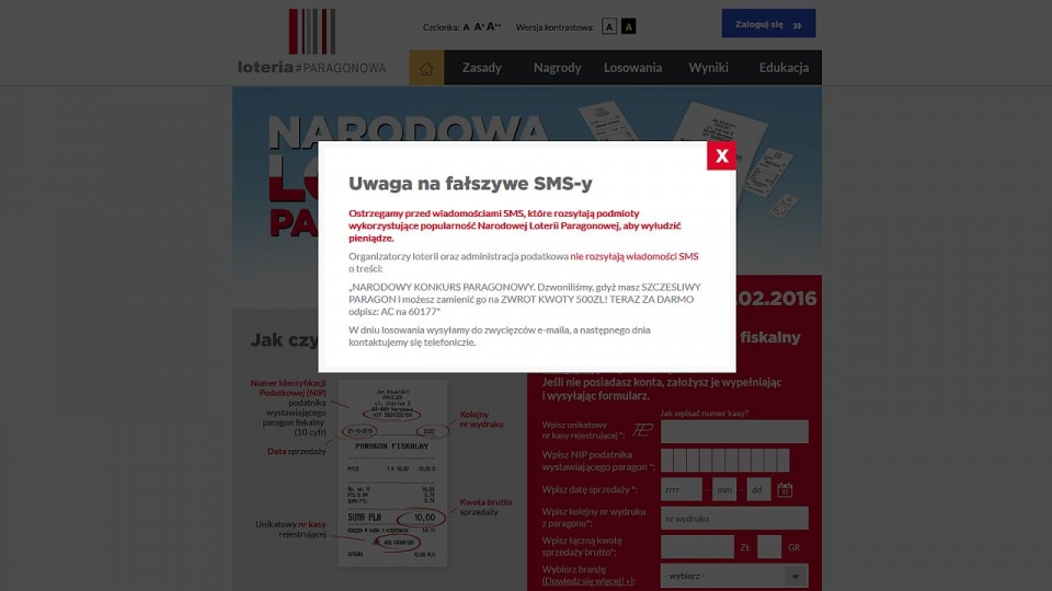 Ministerstwo Finansów ostrzega przed fałszywymi wiadomościami SMS o Loterii Paragonowej. Fot. www.loteriaparagonowa.gov.pl