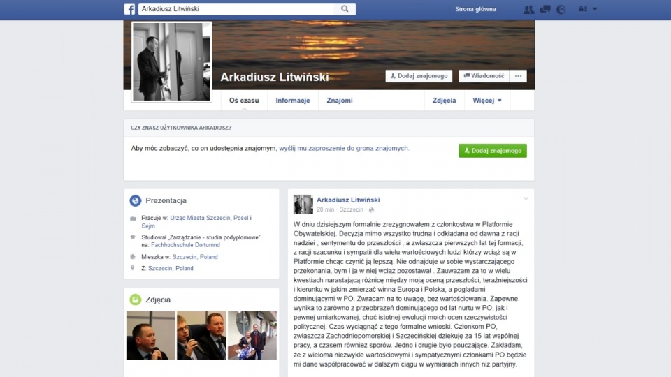 Arkadiusz Litwiński o tym, że odszedł z PO poinformował na Facebooku. Fot. www.facebook.com/arkadiusz.pomocny