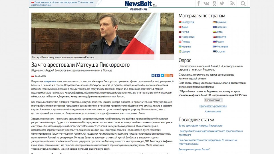 Portal newsbalt.ru o sprawie Mariusza Piskorskiego. Fot. newsbalt.ru