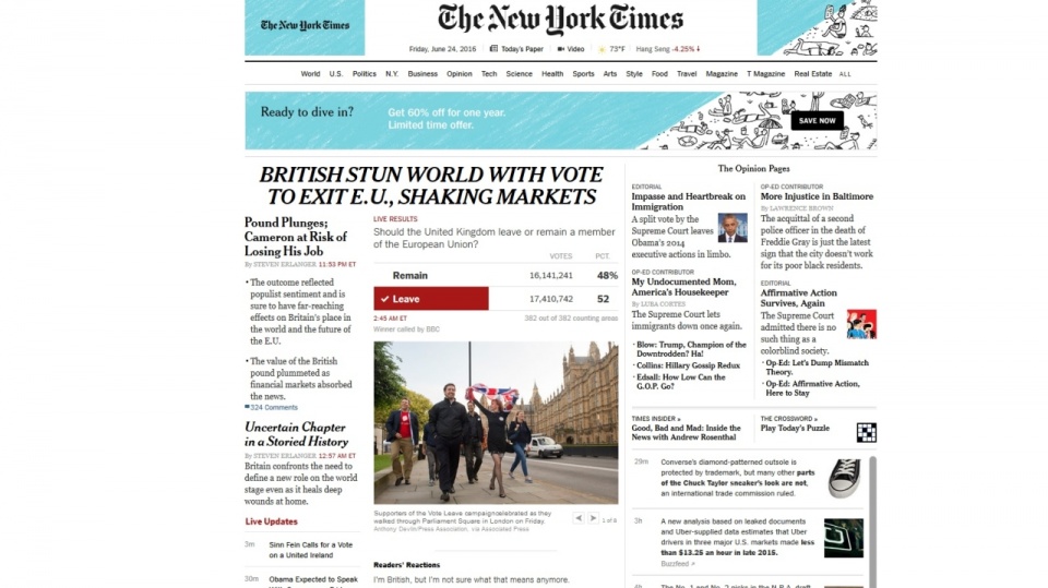 Wyniki referendum w Wielkiej Brytanii komentują amerykańskie media. Fot. www.nytimes.com