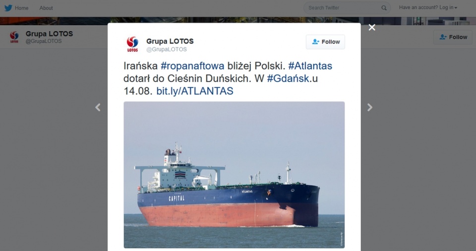 Gigantyczny tankowiec "Atlantas" płynie do portu w Gdańsku. Źródło: https://twitter.com/GrupaLOTOS