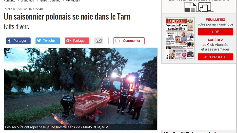 Portal La Depeche podaje, że 28-latek poszedł wykąpać się w rzece Tarn, niedaleko miejscowości Montauban. Fot. www.ladepeche.fr