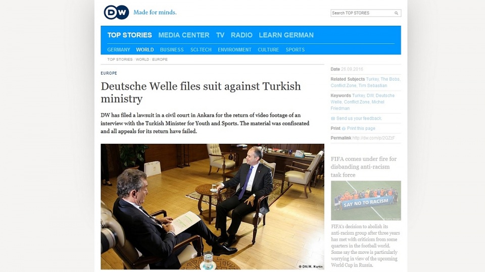 Niemiecki koncern medialny Deutsche Welle pozywa w sądzie w Ankarze - tureckiego ministra. Fot. www.dw.com