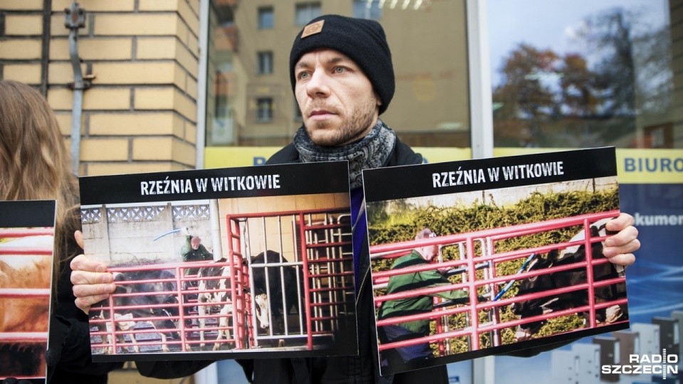 Protestowali przeciwko znęcaniu się nad zwierzętami w rzeźni w Witkowie. Fot. Olaf Nowicki [Radio Szczecin]