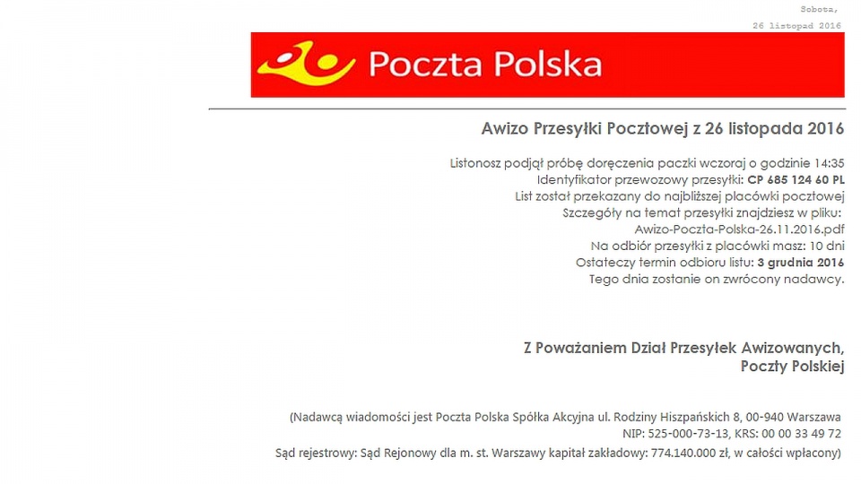 Przykładowy fałszywy komunikat z PP. Fot. poczta-polska.pl