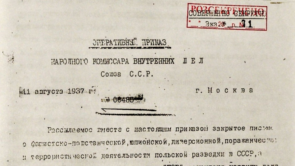 Pierwsza strona kopii rozkazu nr 00485 otrzymanej przez oddział NKWD w Charkowie. Fot. www.wikipedia.org (domena publiczna)