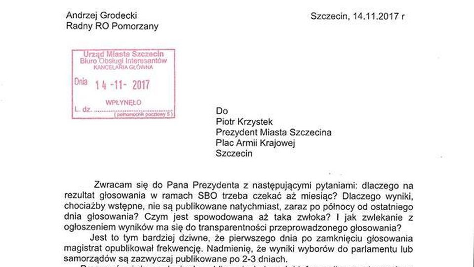 Fragment pisma radnego RO Pomorzany Andrzeja Grodeckiego.