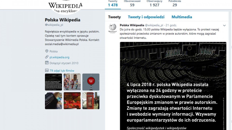 Wikipedia, w ramach sprzeciwu, w Polsce, we Włoszech i w Hiszpanii na 24 godziny zablokowała dostęp do swoich artykułów. źródło: https://twitter.com/wikipedia_pl