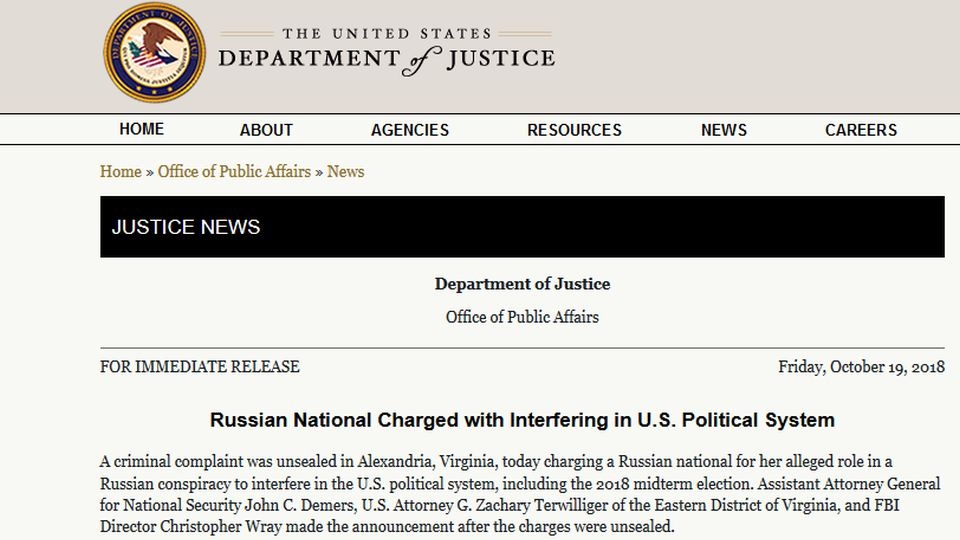 Amerykańska prokuratura określiła działania Chusjajnowej i jej współpracowników mianem „wojny informacyjnej przeciwko Stanom Zjednoczonym”. źródło: https://www.justice.gov/opa/pr/russian-national-charged-interfering-us-political-system