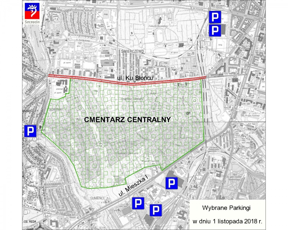 Wybrane parkingi w okolicy Cmentarza Centralnego (1 listopada). Mat. ZUK