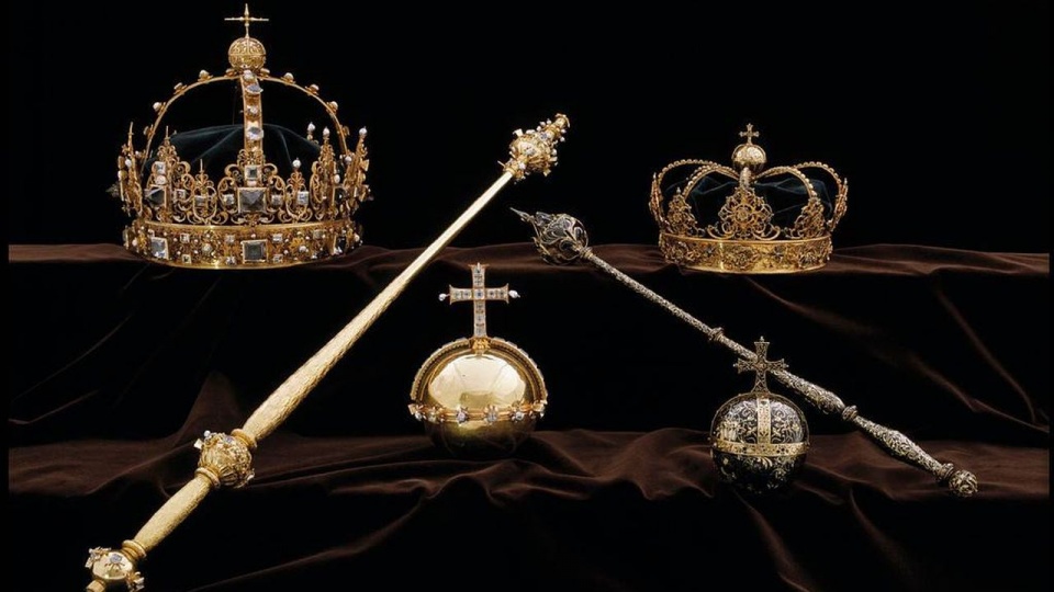 Archiwalne zdjęcie regaliów. Przedstawia komplet - skradziono natomaist "tylko" dwie korony i jedno jabłko. Fot. polisen.se