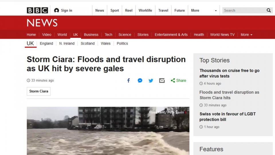 Związane z "Ciarą" silne wichury i ulewny deszcz spowodowały zakłócenia w podróżowaniu na Wyspach. źródło: https://www.bbc.com/news/uk-51425482