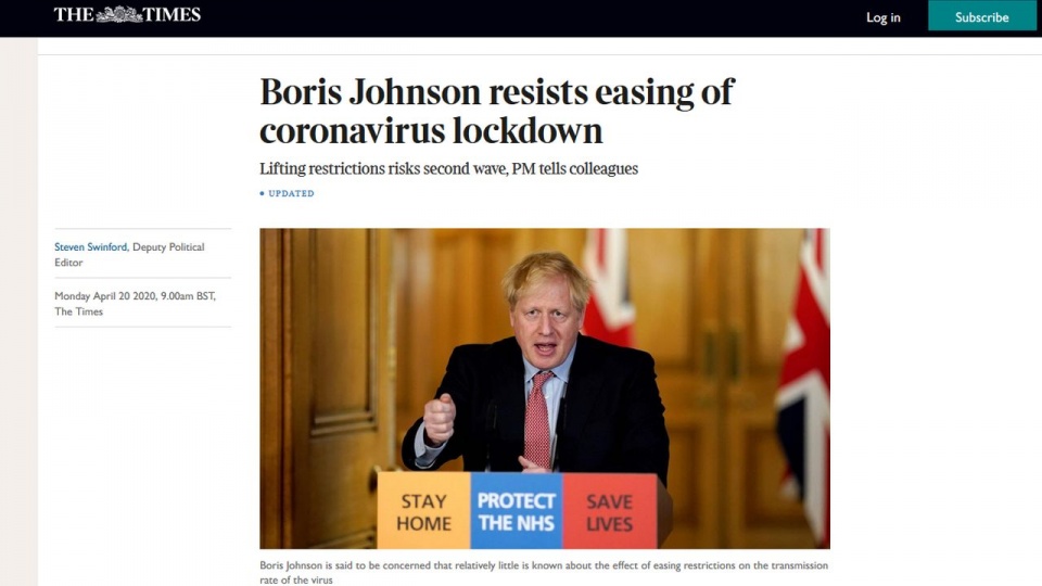 Premier Boris Johnson chce ostrożnego usuwania środków kwarantanny. źródło: https://www.thetimes.co.uk/edition/news/boris-johnson-resists-easing-of-coronavirus-lockdown-mgk3t9btg