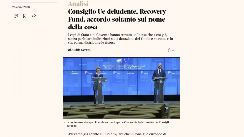 Gospodarczy dziennik "Sole 24 Ore" ocenia, że w czwartek Rada Europejska wykonała krok w dobrą stronę. źródło: https://24plus.ilsole24ore.com/