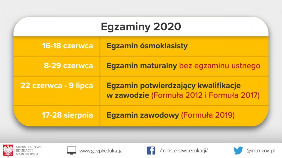 Matury od 8 czerwca, egzaminy ósmoklasisty od 16 czerwca. źródło: https://twitter.com/men_gov_pl