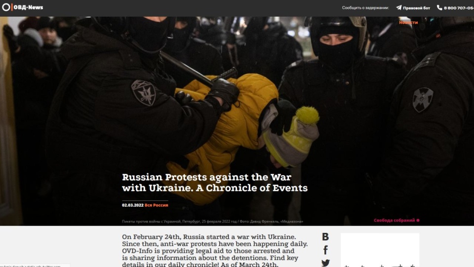 Według portalu OWD-info, codziennie w kilkudziesięciu miastach Federacji pojedyncze osoby demonstrują sprzeciw. źródło: https://ovd.news/news/2022/03/02/russian-protests-against-war-ukraine-chronicle-events