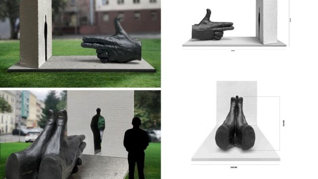 Złożone dłonie imitujące pistolet mierzący do ściany, w której jest wycięty kontur człowieka - tak będzie wyglądał nowy pomnik w Szczecinie. Miasto wybrało projektanta monumentu. W konkursie zwyciężyła Ewa Bone, artystka z Poznania.