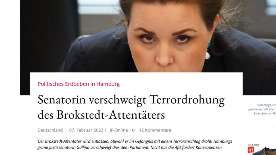 "Nie dość, że Gallina miała wiedzę o pomysłach sprawcy, to na domiar złego nie chciała się nią podzielić z posłami. Milczała także po ataku" - czytamy w tygodniku "Junge Freiheit". źródło: https://jungefreiheit.de