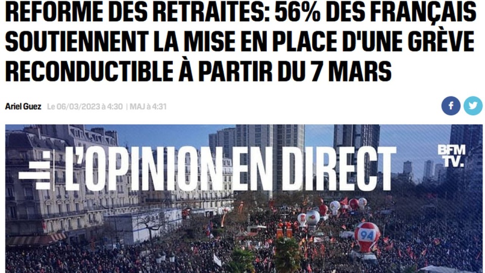 56 procent badanych aprobuje bezterminowe strajki, a 59 procent popiera blokowanie kraju przez związkowców. źródło: https://www.bfmtv.com/economie/economie-social/social/reforme-des-retraites-56-des-francais-soutiennent-la-mise-en-place-d-une-greve-reconductible-a-partir-du-7-mars_AN-202303050351.html
