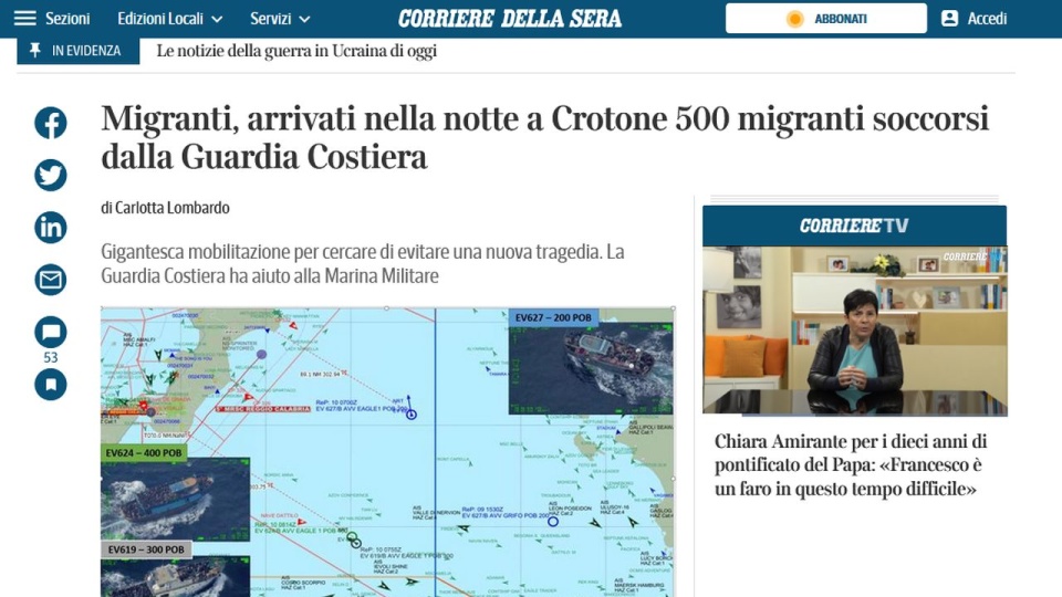 Do portu w Crotone po północy przypłynął z Libii statek rybacki z blisko 500 migrantami. źródło: https://www.corriere.it