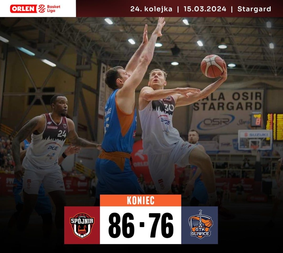 Stargardzianie pokonali na własnym parkiecie GTK Gliwice 86:76 w 24. kolejce Orlen Basket Ligi. źródło: https://twitter.com/SpojniaStargard