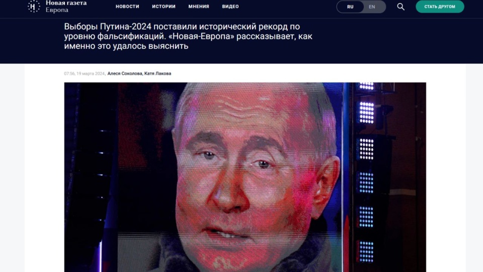 Z wyliczeń portalu "Nowaja Gazieta. Europa" wynika, że Putin dostał ponad 31 milionów głosów, dzięki fałszerstwom wyborczym. źródło: https://novayagazeta.eu