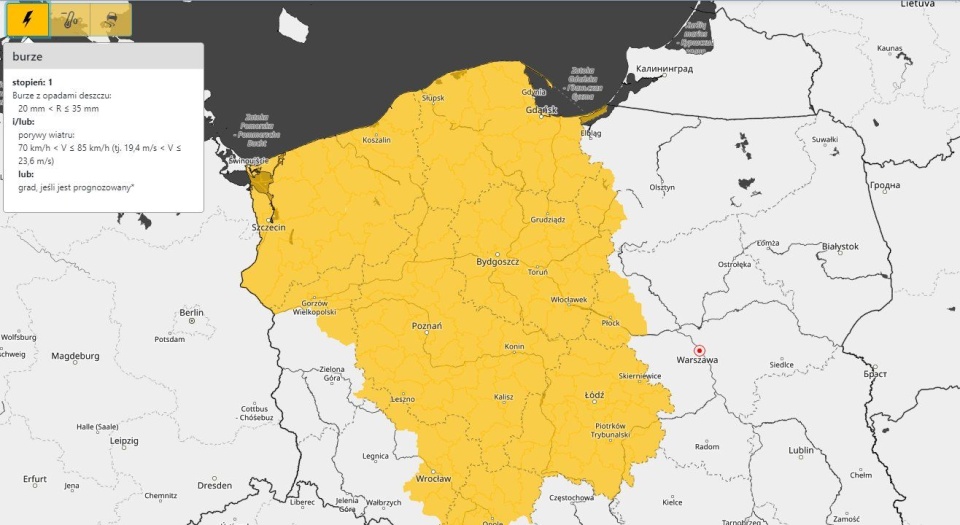 Ostrzeżenie dotyczy 17 powiatów, w tym: pyrzyckiego, kołobrzeskiego, stargardzkiego oraz Szczecina, Świnoujścia i Koszalina. źródło: https://twitter.com/search?q=IMGW