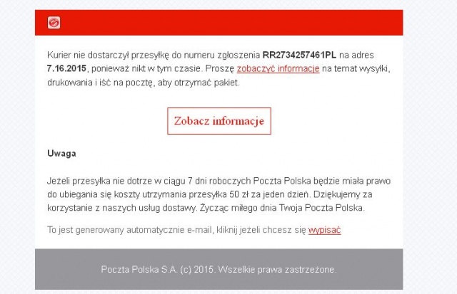 Fałszywy mail od Poczty Polskiej 17.07.2015