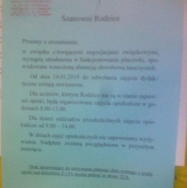 Ogłoszenie w jednej ze szczecińskich szkół, fot. Słuchacz 14.01.2019