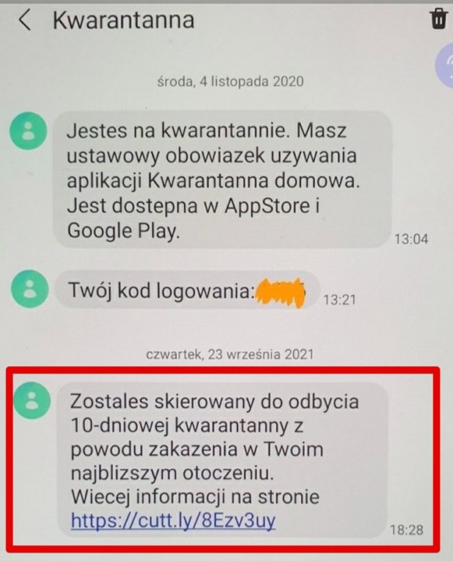 SMS kwarantanna, źródło: niebezpiecznik.pl 24.09.2021