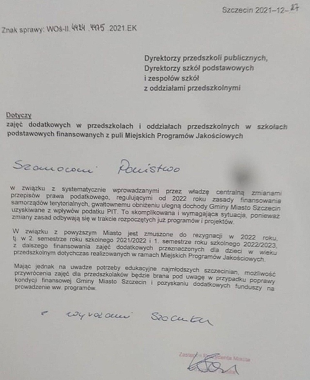 Pismo UM Szczecin w sprawie zajęć dodatkowych 14.01.2022