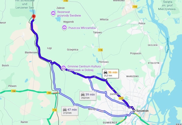 Trasa Stolec - Szczecin, źródo: google.com 22.12.2025