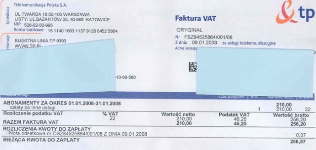 Faktura cz.1 [18.01.2008] Zawieszenie linii w TP SA