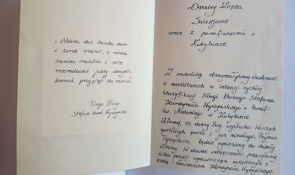 List od przełożonej Generalnej Instytutu Prymasa Wyszyńskiego z Warszawy. Fot. Archiwum prywatne