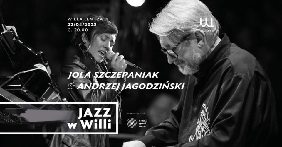 Jola Szczepaniak – wokalistka (od lewej), Andrzej Jagodziński – pianista. Materiały prasowe Willi Lentza w Szczecinie. Projekt graficzny Piotr Wardziukiewicz